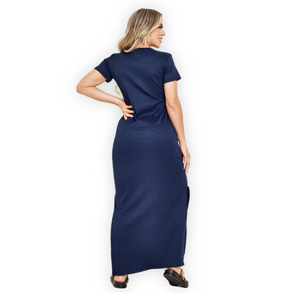 Vestido Canelado Longo com Fenda Lateral