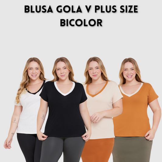 Blusa Gola V Bicolor Plus Size