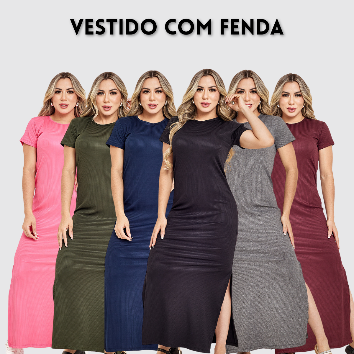 Vestido Canelado Longo com Fenda Lateral