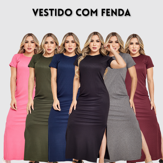 Vestido Canelado Longo com Fenda Lateral