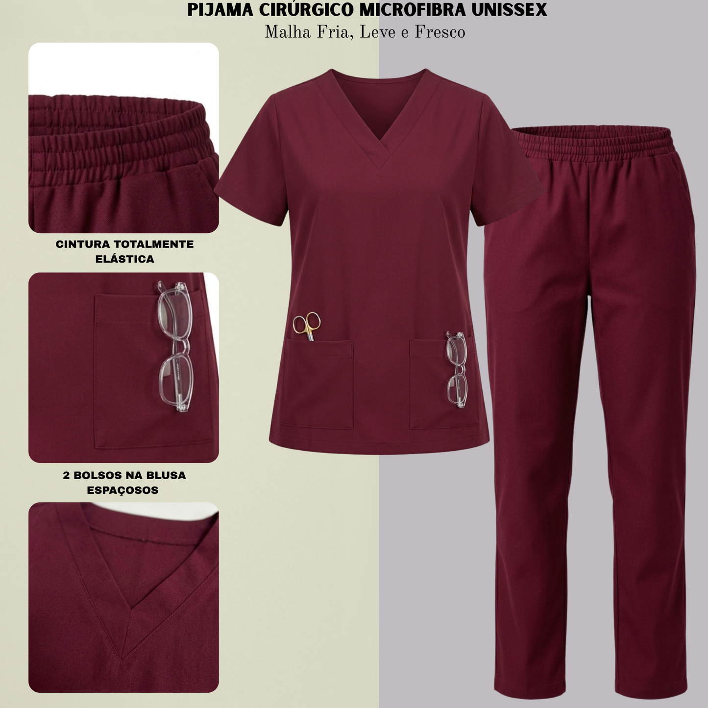 Scrub Conjunto Hospitalar Unissex Vinho Tecido Premium