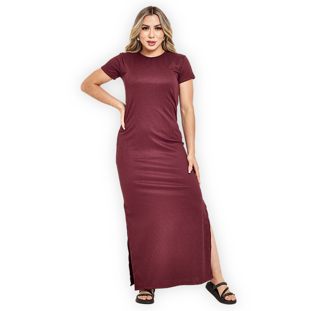 Vestido Canelado Longo com Fenda Lateral