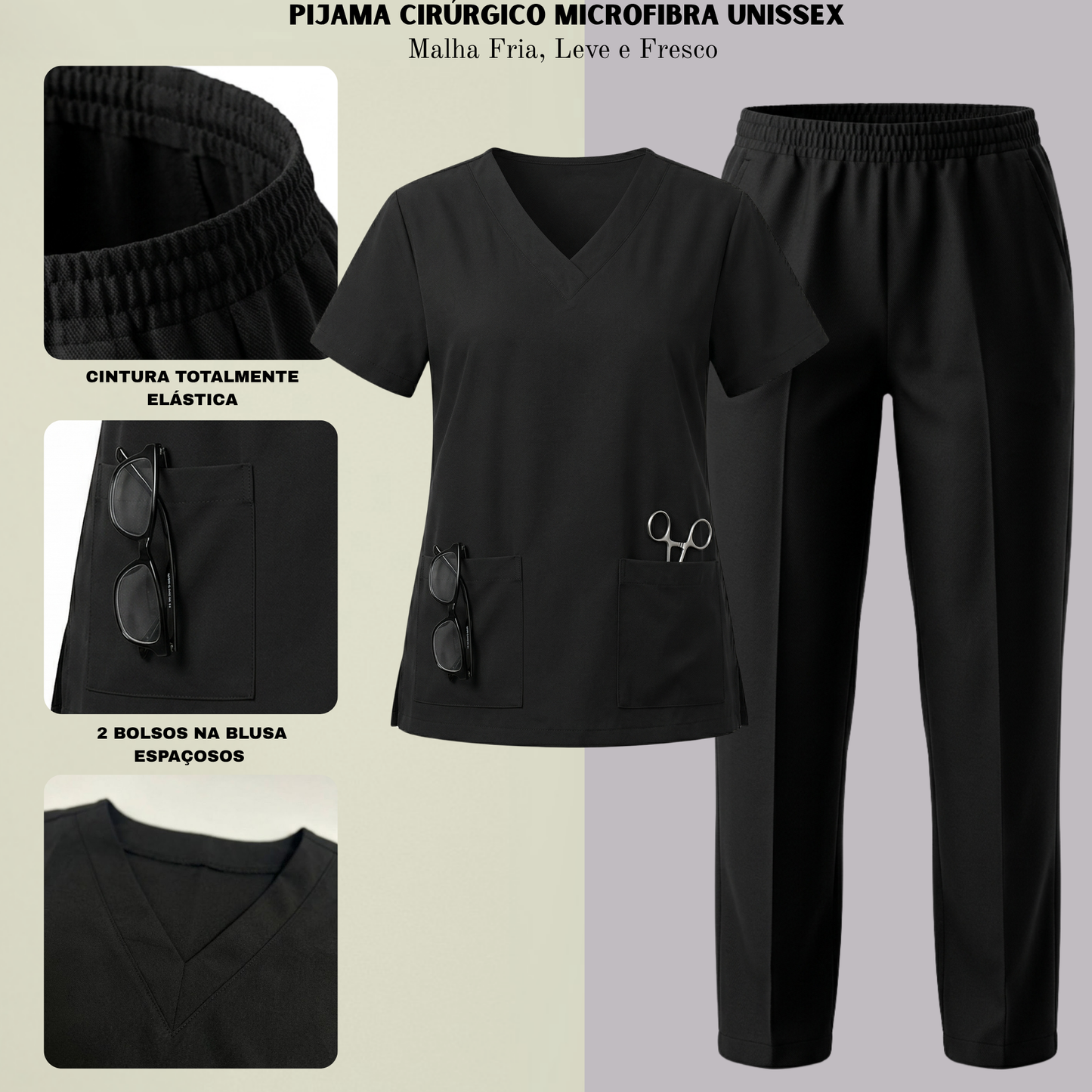 Scrub Conjunto Hospitalar Unissex Preto Tecido Premium