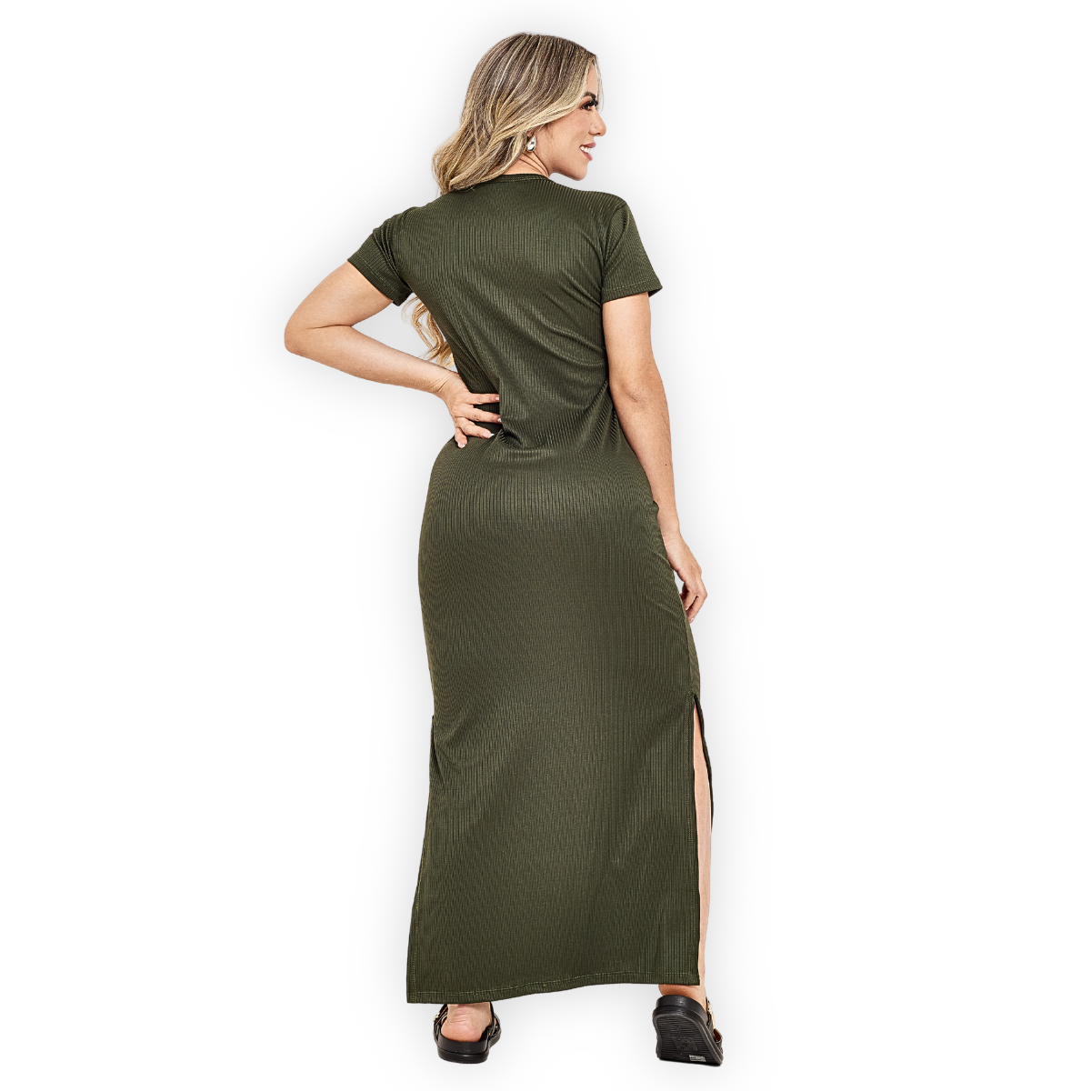 Vestido Canelado Longo com Fenda Lateral