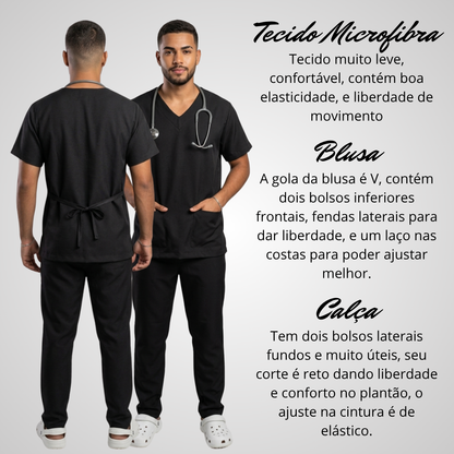 Scrub Conjunto Hospitalar Unissex Preto Tecido Premium